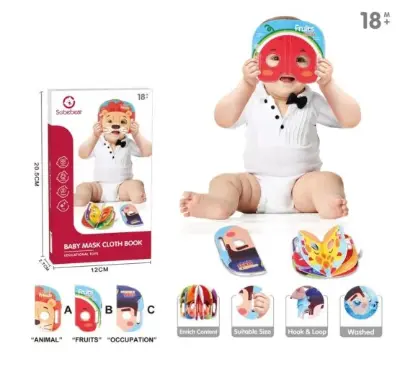 SOBEBEAR Мягкая книжка-маска SOBEBEAR YL1022-72 — 5 страниц с фруктами, моющаяся ткань для детей от 18 месяцев вид сбоку