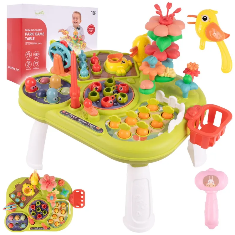 Развивающий столик MalPlay PARK GAME YL256 — рыбалка, молоток, сад, 30×25×24 см для детей от 18 месяцев