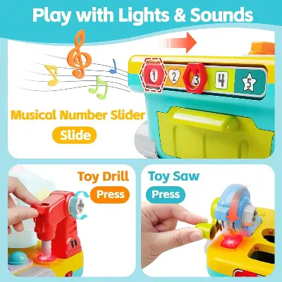 Hola Toys Развивающий столик-робот HOLA HE8975 — 9 в 1, инструменты, сортер, дрель, молоток, счёт для детей вид сбоку