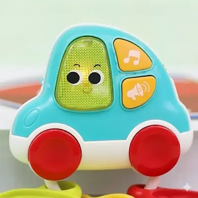 Hola Toys Развивающая погремушка-брелок HOLA E8996 — машинка со светом и звуком, 15×6×21 см для детей от 9 месяцев вид сбоку