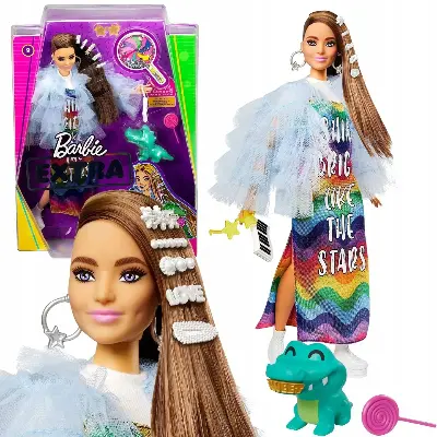 Mattel Кукла Barbie Extra GYJ78 в радужном платье с крокодилом — 15 аксессуаров, для девочек от 3 лет Barbie вид сбоку