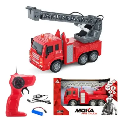 MokaToys Радиоуправляемая пожарная машина MOKA 2075 — 1:16, выдвижная лестница, поворот платформы, 30×11×15 см вид сбоку