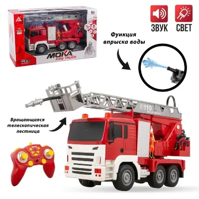 MokaToys Радиоуправляемая пожарная машина MOKA FIRE TRUCK 2037 — 1:10, распыление воды, поворот 360°, 42×14×23 см вид сбоку